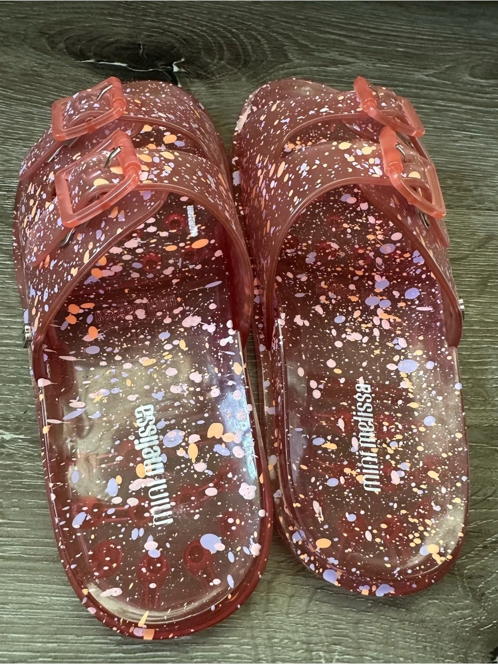 Mini Melissa Coral Pink Glitter Jelly Slide Sandals with Buckles